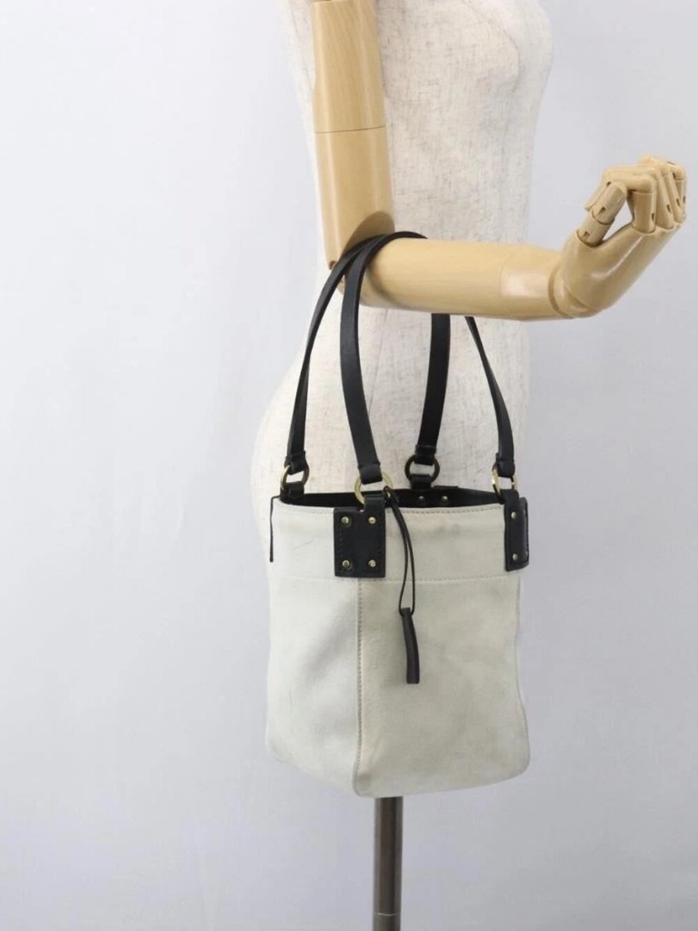 GUCCI Hand Bag Suede White Gold Auth 159346